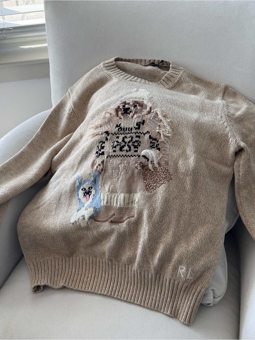 Ralph Lauren Neutral Beige Crewneck Sweater with Embroidered Character and Dog